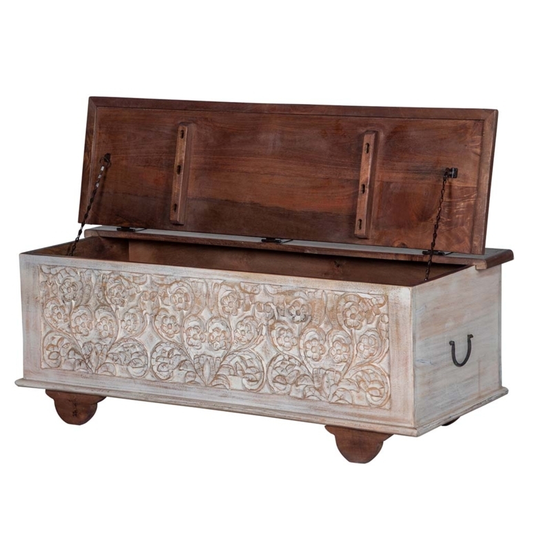 Carved Floral Storage Trunk: Distressed Finish & Interior Lid Chains