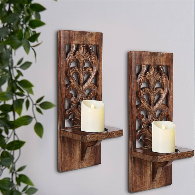 Carved Fretwork Wall Sconce Set, Dark Walnut Stain, Scrollwork