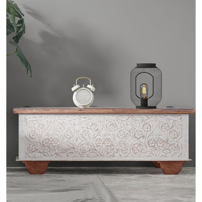 Carved Storage Trunk: Whitewashed Floral Front & Natural Wood Top Finish