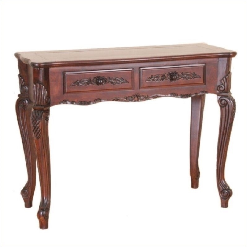 Carved Wood Console Table with Relief Carving and Scalloped Top Edge