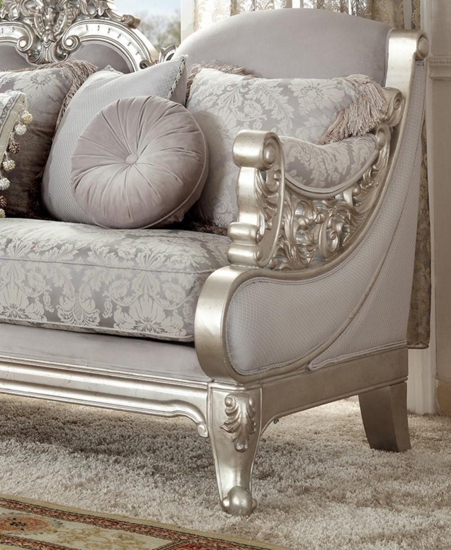Carved Wood Sofa Scrolled Arms & Damask Fabric