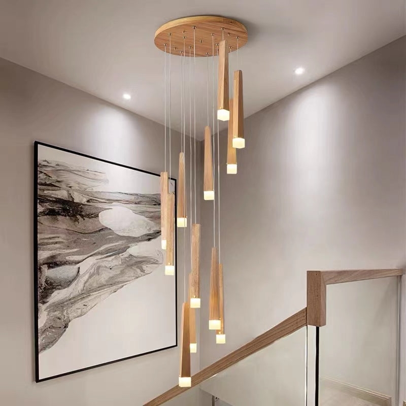 Cascading Wood Pendant Staggered Height Spiral Japandi Cluster