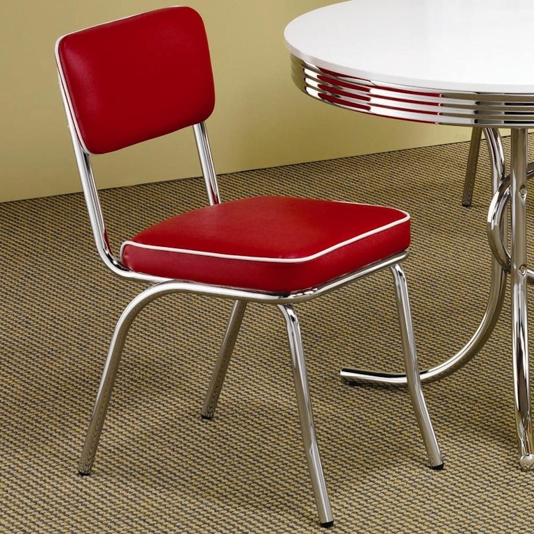 Casual Dining Chair: Retro Chrome Frame, White Piping, Flared Legs