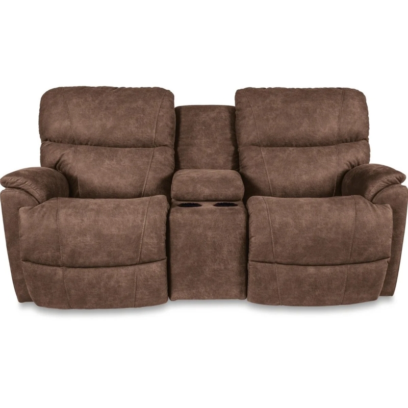 Casual Reclining Loveseat: Mottled Cocoa Suede-Like Fabric, Bucket Seat
