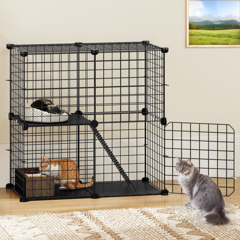 Cat Cage Modular Design Matte Black Wire Grid Two Tier