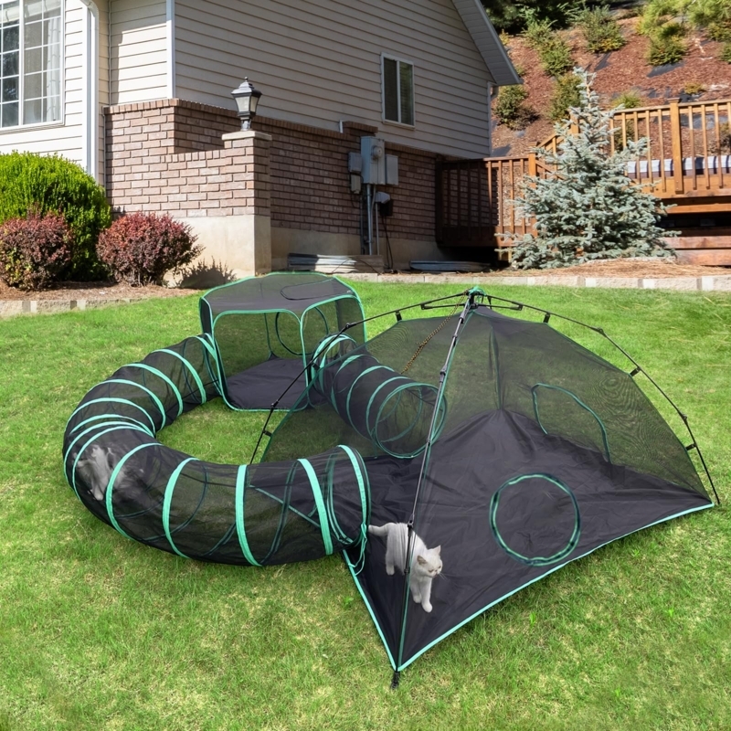Cat Enclosure, Forest Green Trim, Modular Tunnel, Pop-Up Design