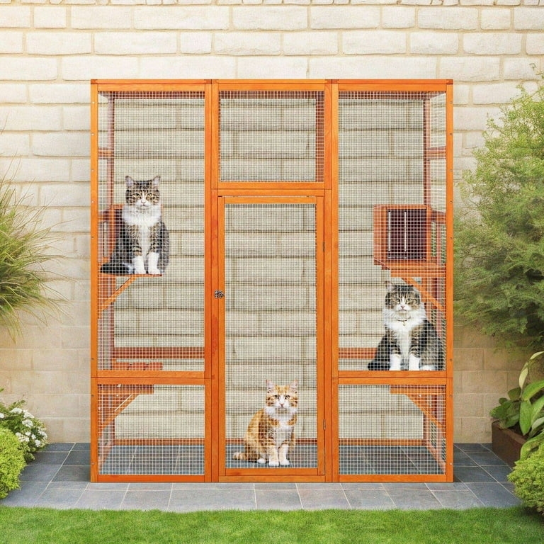 Cat Enclosure, Integrated Shelter, Orange Wood Tone, Multi-Level