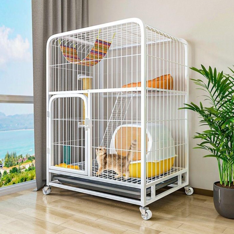 Cat Enclosure, Locking Casters, White Metal, Integrated Hammock