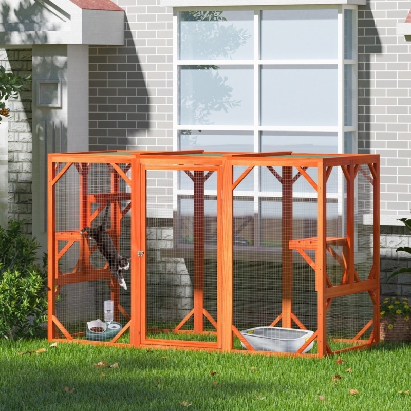 Cat Enclosure, Orange Wood Stain, Walk-In Door, Weatherproof Roof