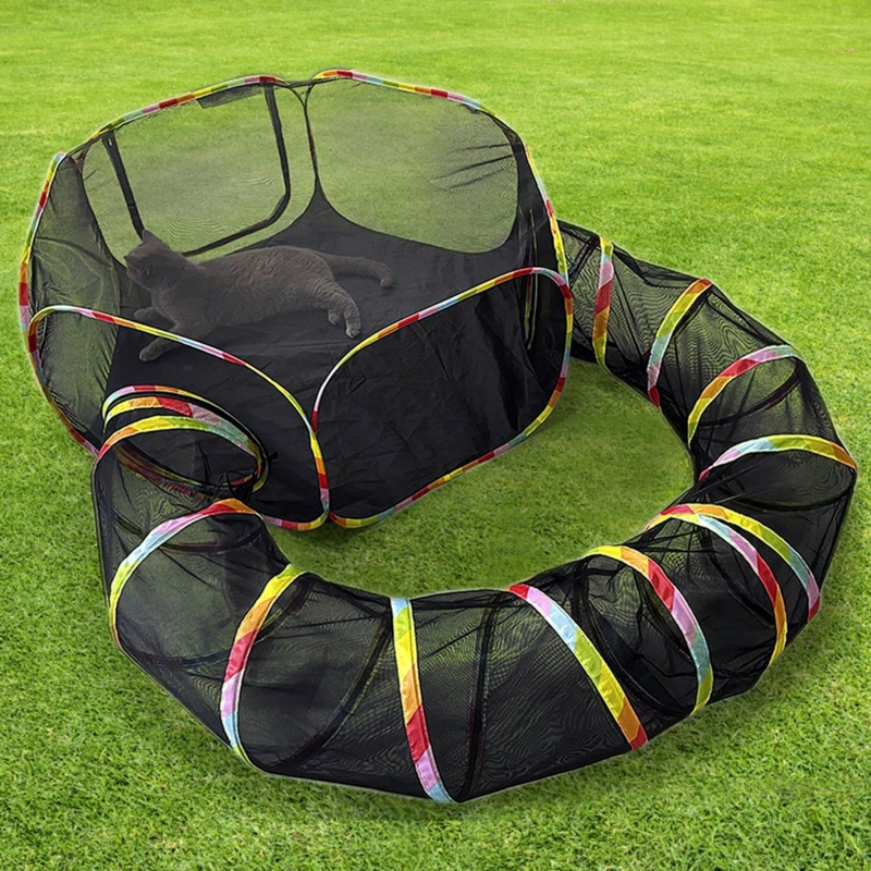 Cat Enclosure, Rainbow Striped Trim, Integrated Tunnel, Pop-Up