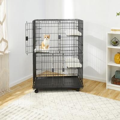 Cat Playpen Matte Black Wire Rolling Casters Three Tier