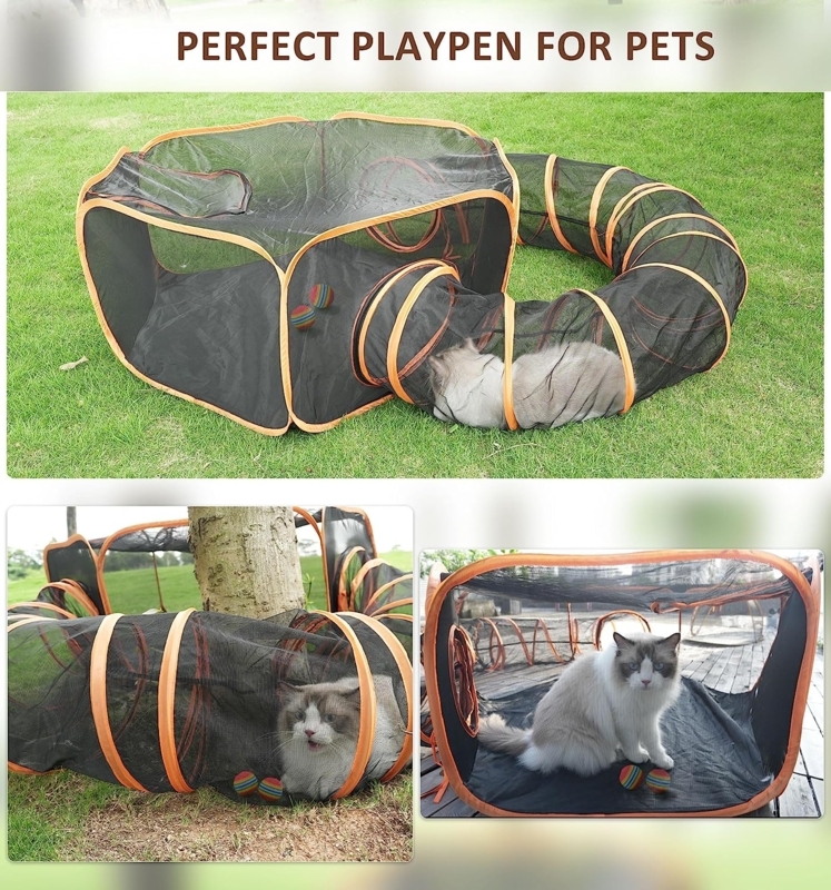 Cat Playpen Modular Tunnel Black Mesh Orange Trim Pop Up