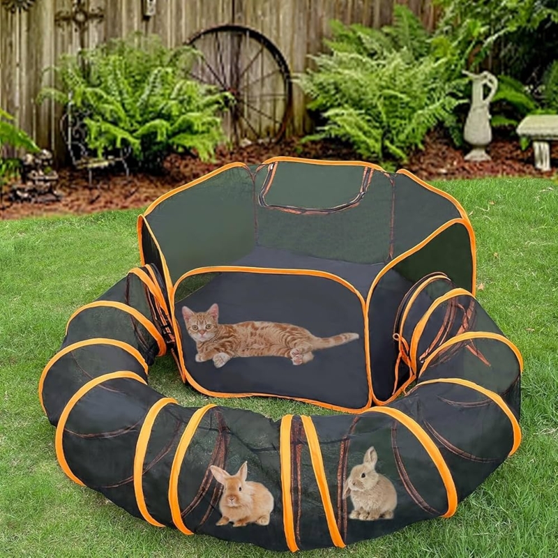 Cat Playpen, Octagonal Base, Attached Tunnel, Fine Mesh Grid