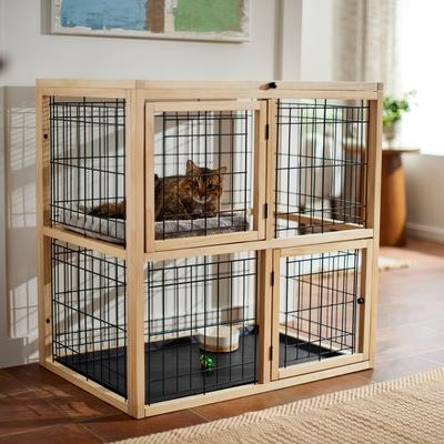 Cat Playpen Two Tier Wood Frame Wire Mesh Collapsible