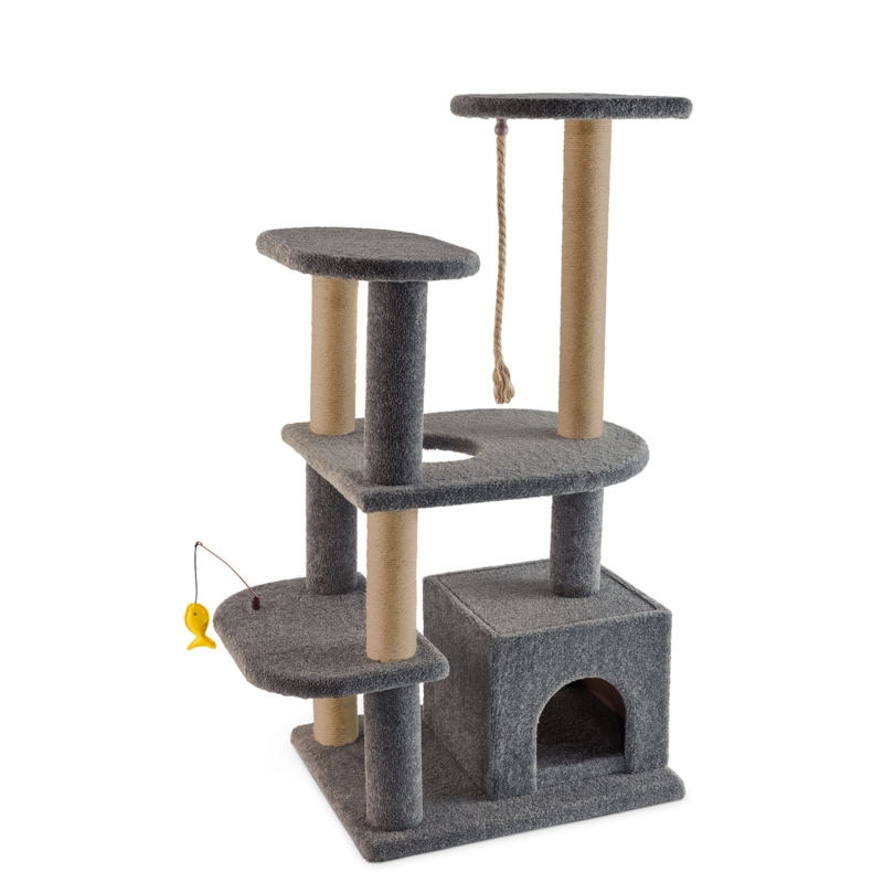 Cat Tower In Charcoal Gray Carpet, Tiered Platforms & Spring Toy