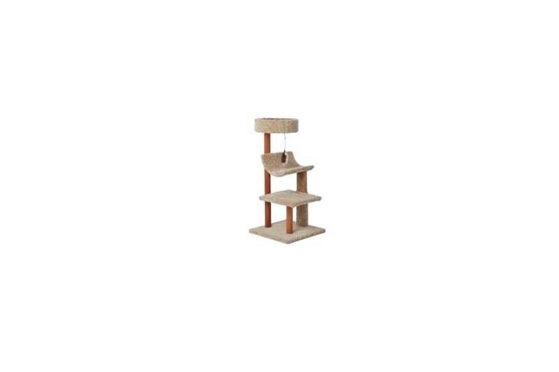 Cat Tower With Curved Cradle Perch, Warm Beige Plush & Chestnut Wood