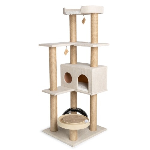 Cat Tower With Grooming Arch Brush, Oatmeal Beige & Sisal Posts