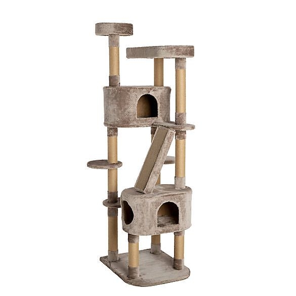 Cat Tower With Integrated Ramp, Taupe Grey Plush & Dual Condos