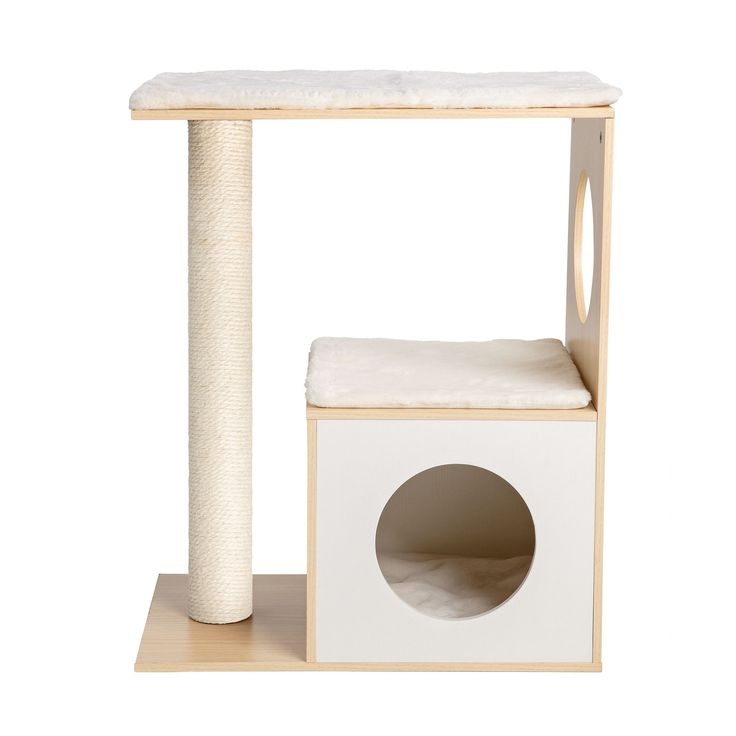 Cat Tower With Mini Cube Design, Blonde Wood Finish & Sisal Post