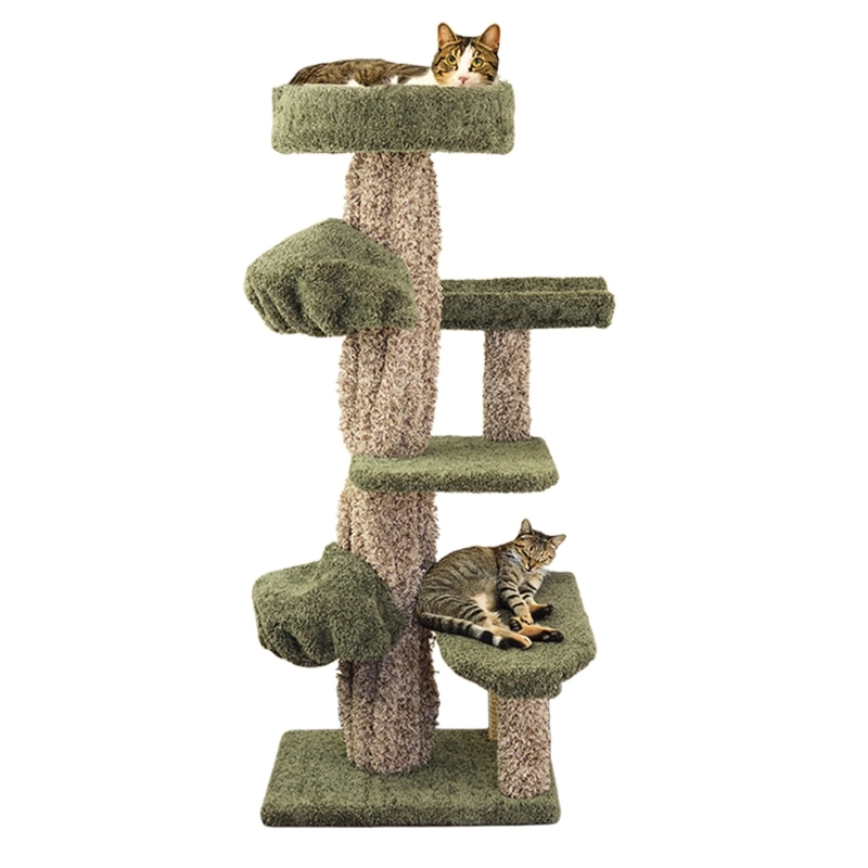 Cat Tower With Nesting Cradles: Sage Green Multi-Level Plush Tower.