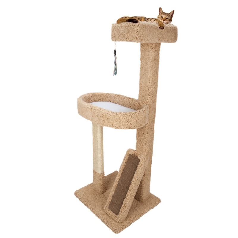 Cat Tower With Slanted Scratching Ramp, Warm Beige Plush & Sisal