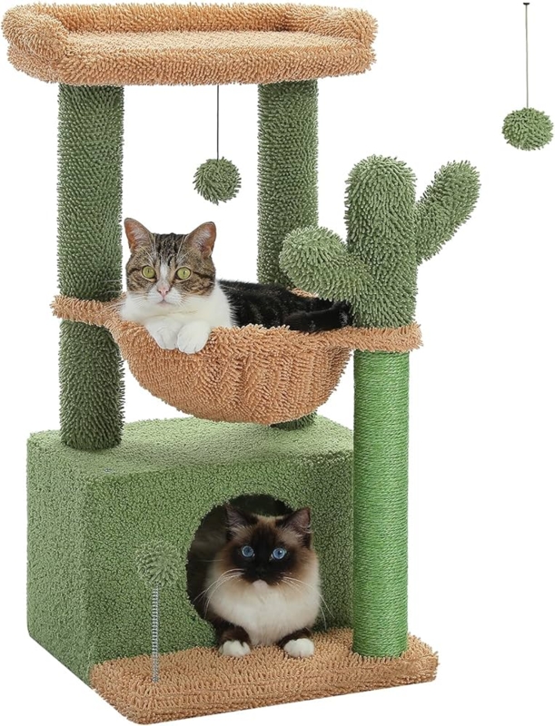 Cat Tree Cactus Shape Green Sisal Shaggy Texture