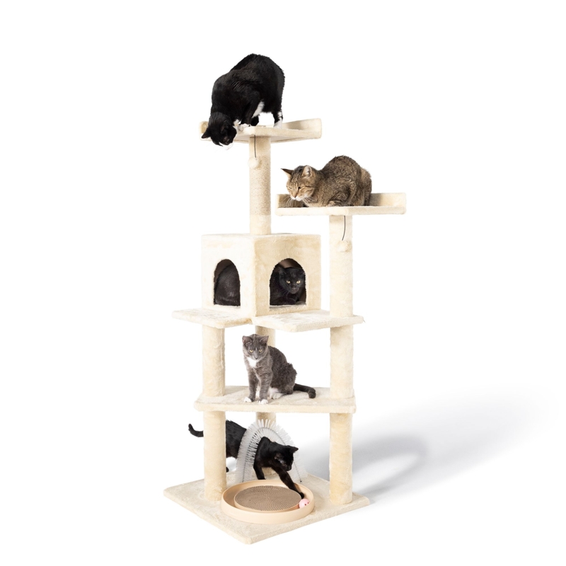 Cat Tree Featuring Grooming Arch, Off-White Plush & Ball Track Base