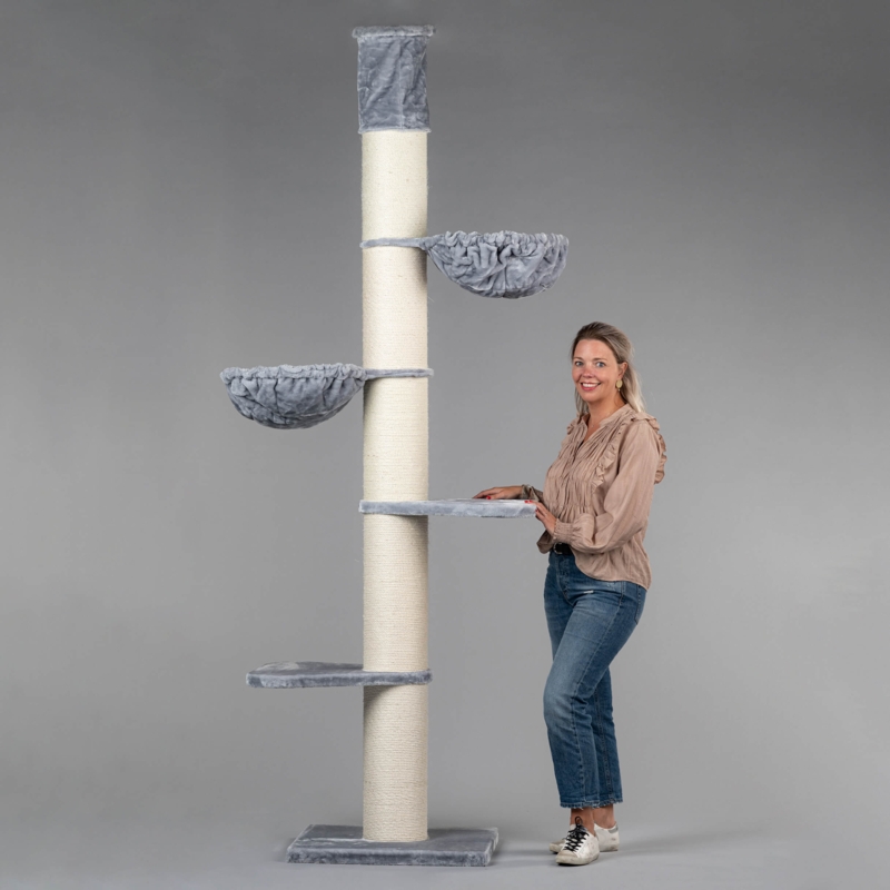 Cat Tree For Vertical Climbing Space: Tall Grey Cat Tower With Hammocks.