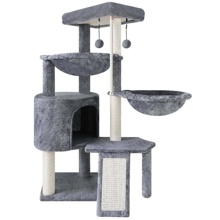 Cat Tree In Charcoal Grey Plush: Contemporary Scratching Post Tower.