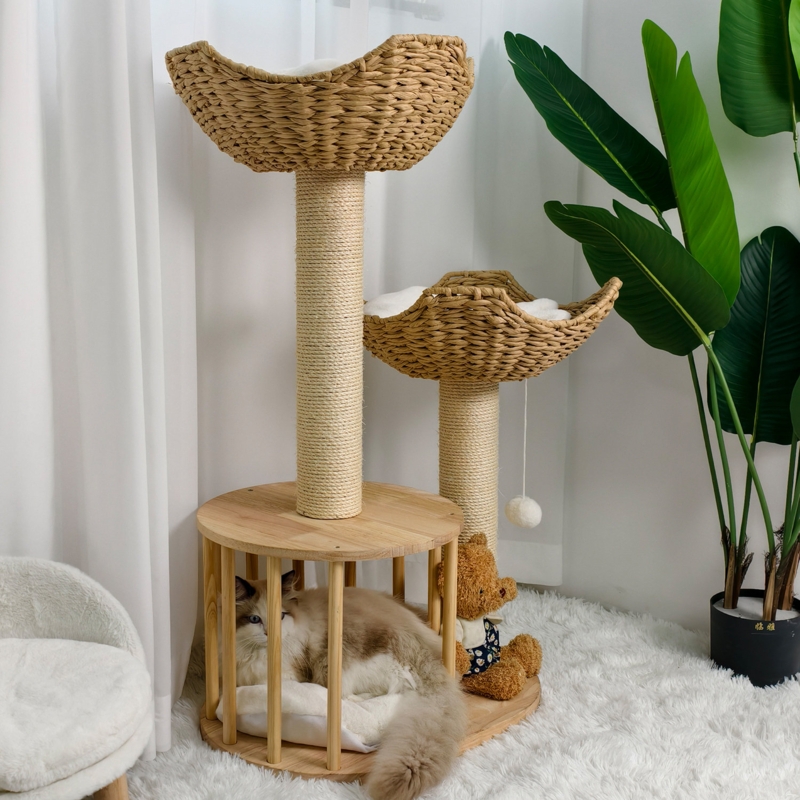 Cat Tree Slatted Wood Condo Woven Baskets Boho