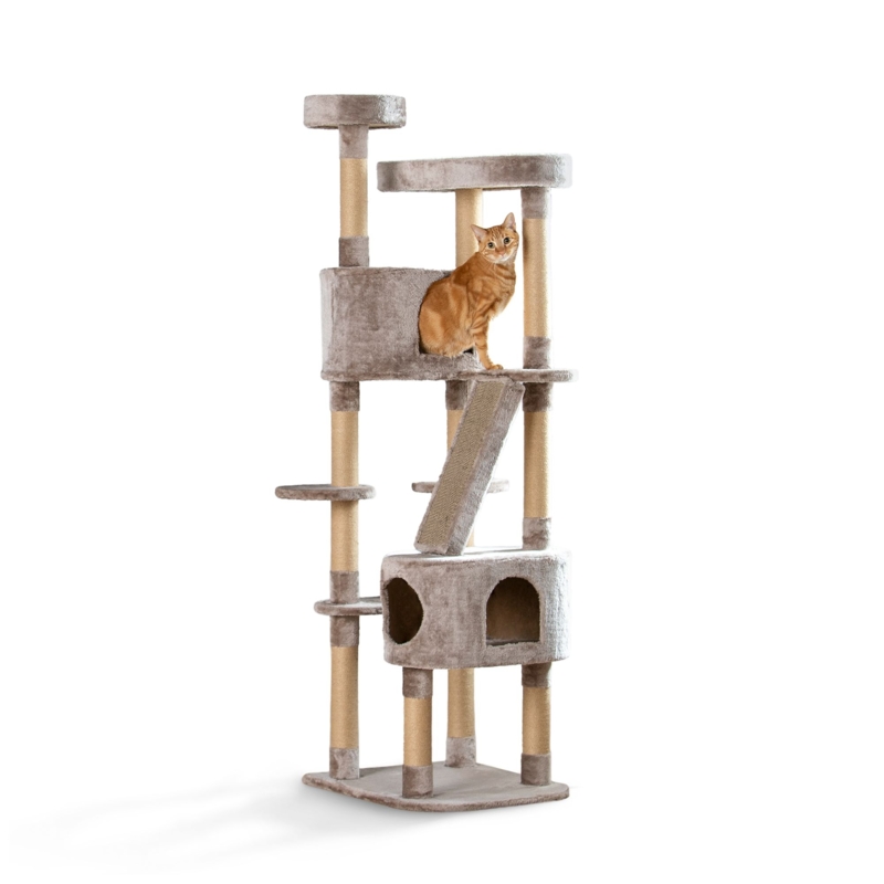Cat Tree With Angled Scratching Ramp, Soft Grey Plush & Sisal Posts