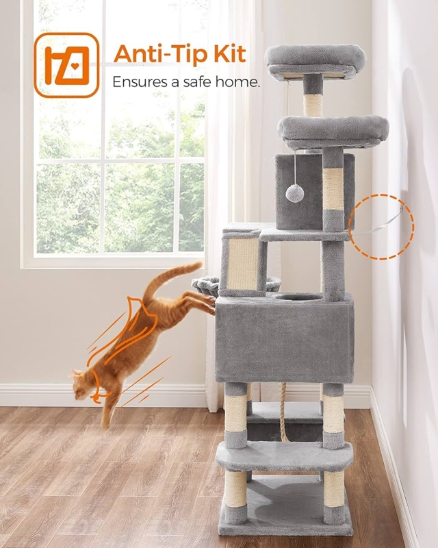 Cat Tree With Anti-Tip Safety Kit, Charcoal Grey Plush Multi-Level