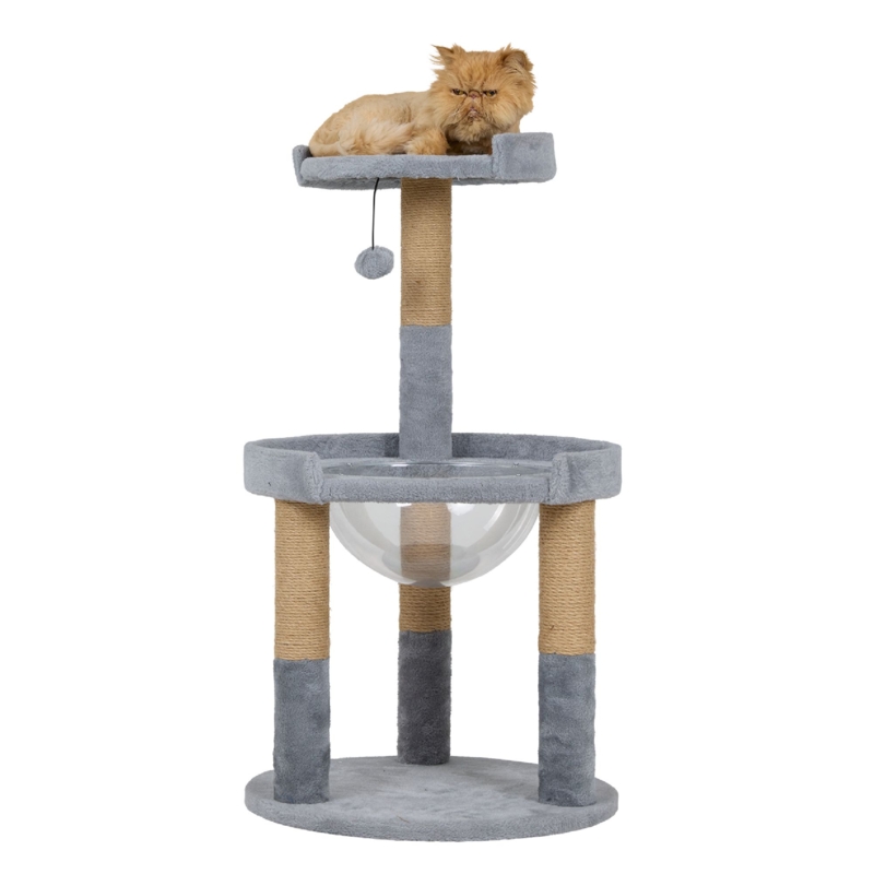 Cat Tree With Clear Cat Bowl, Cool Grey Plush & Tan Sisal Posts