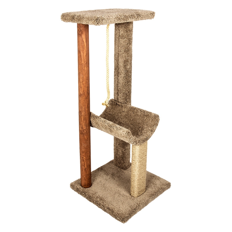 Cat Tree With Curved Cradle, Warm Beige Carpet & Wood-Toned Post