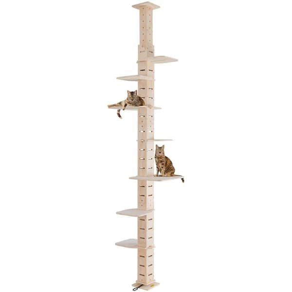 Cat Tree With Cutout Steps: Minimalist Wood Floor To Ceiling Tower.