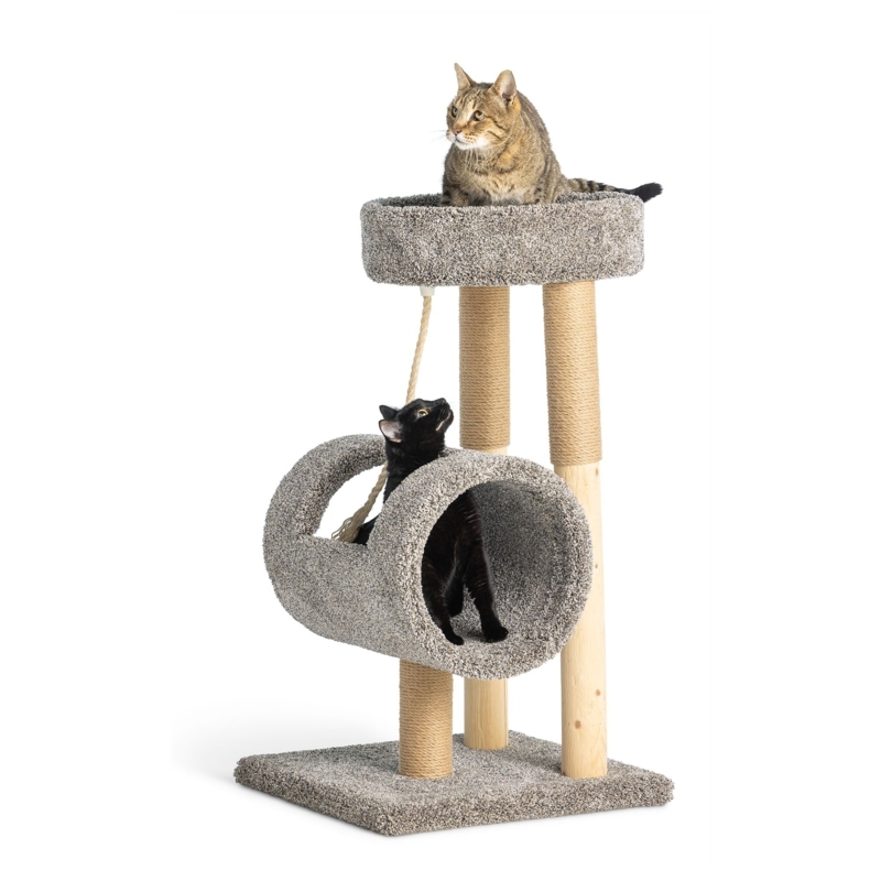 Cat Tree With Cylindrical Tunnel, Cool Gray Faux Fur & Sisal Posts