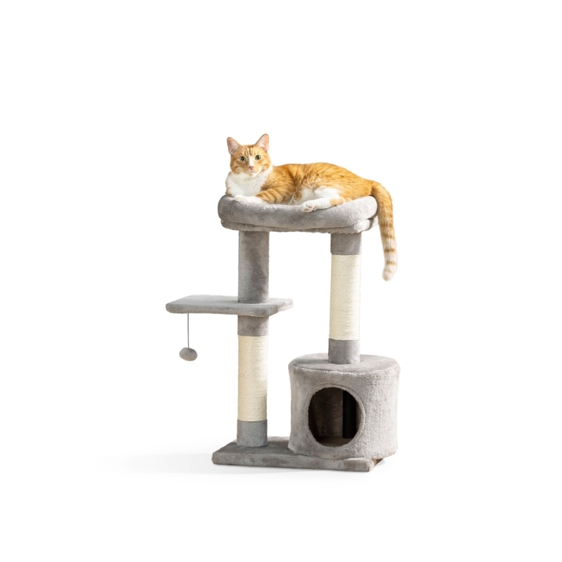 Cat Tree With Elevated Bolster Bed, Light Grey Plush & Sisal Posts