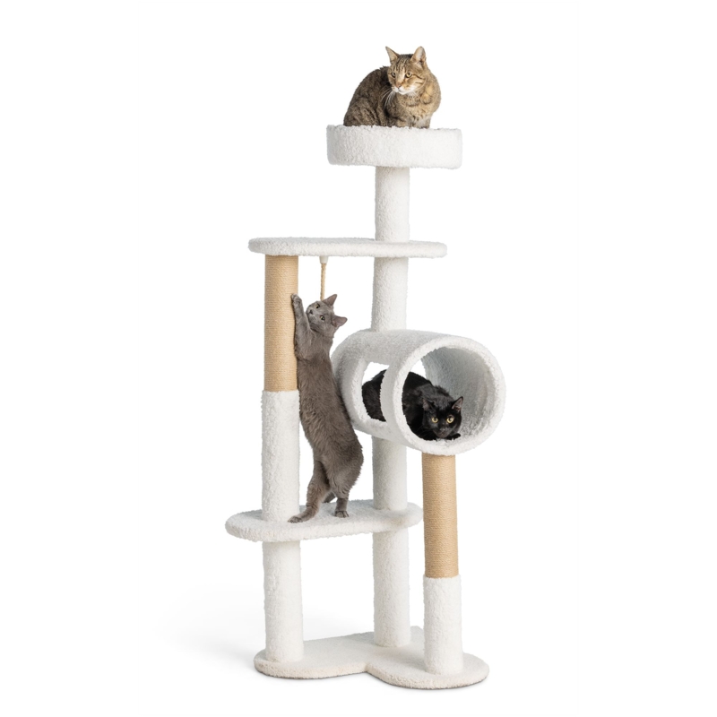 Cat Tree With Lobed Base, Creamy White Plush & Cylindrical Tunnel