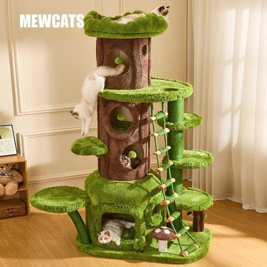 Cat Tree With Mushroom Detail: Whimsical Forest Cat Tree Design.