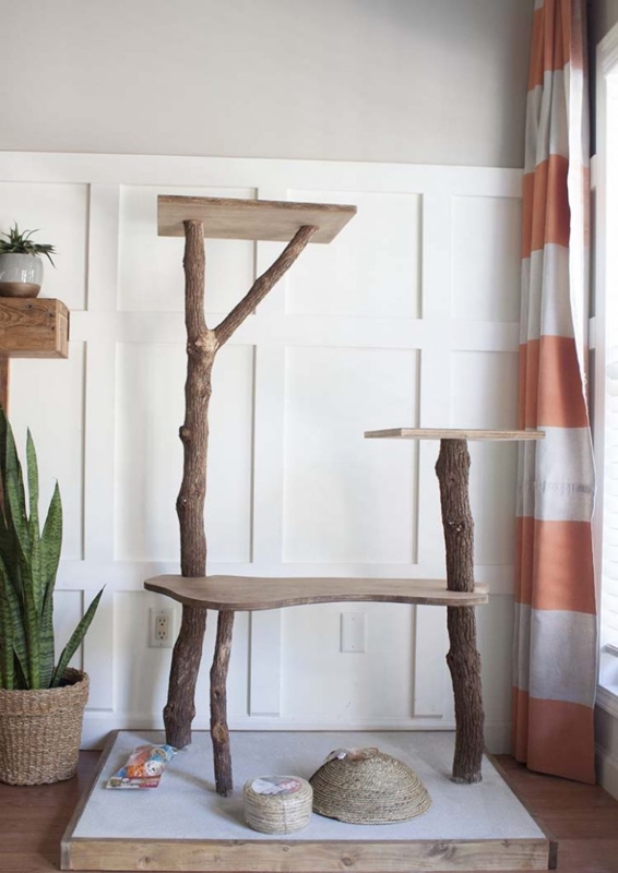Cat Tree With Natural Bark: Rustic Tree Branch Supports, DIY Style Tower.