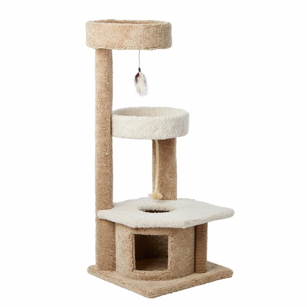 Cat Tree With Pass-Through Platform, Plush Beige & Cream Tiered Beds
