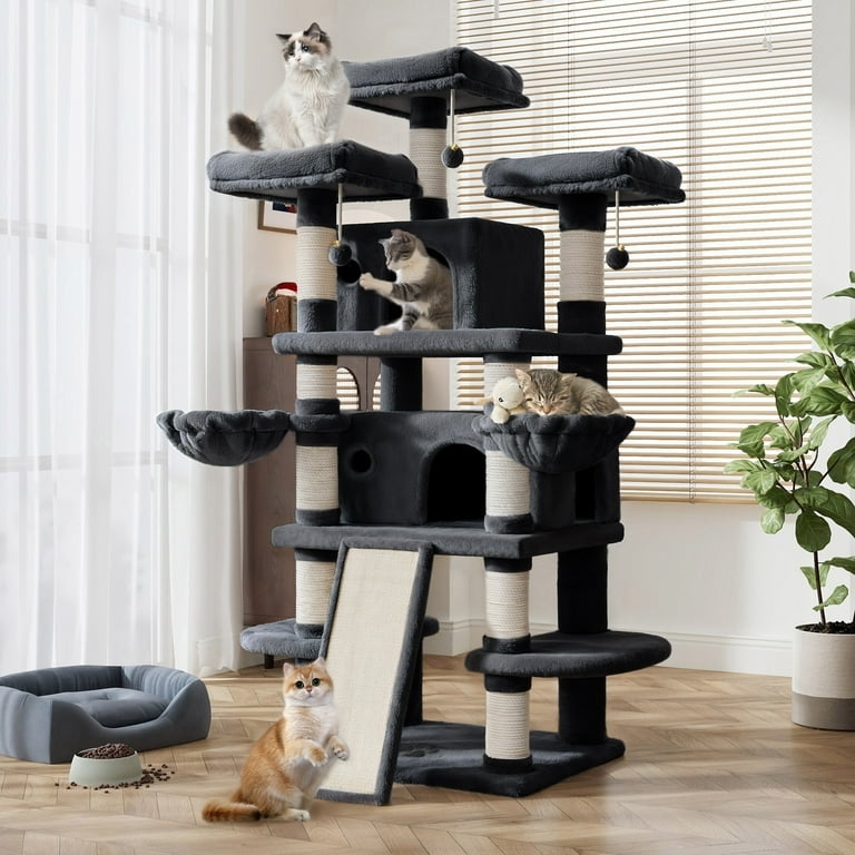 Cat Tree With Scratching Ramp: Navy Plush Multi-Level Cat Treehouse.