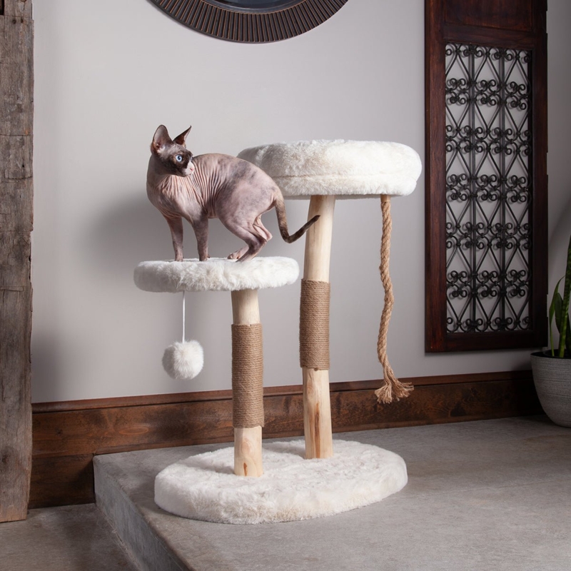 Cat Tree With Shaggy Plush Surfaces: Sculptural Natural Wood Trunks.