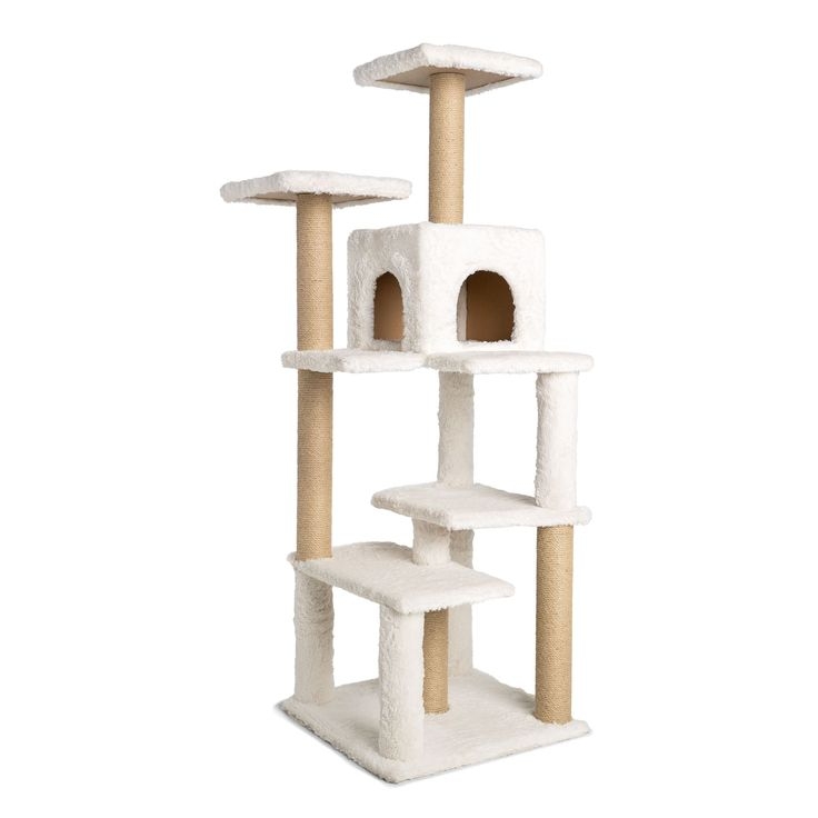 Cat Tree With Sherpa Texture, Cream White Plush & Five-Tier Design