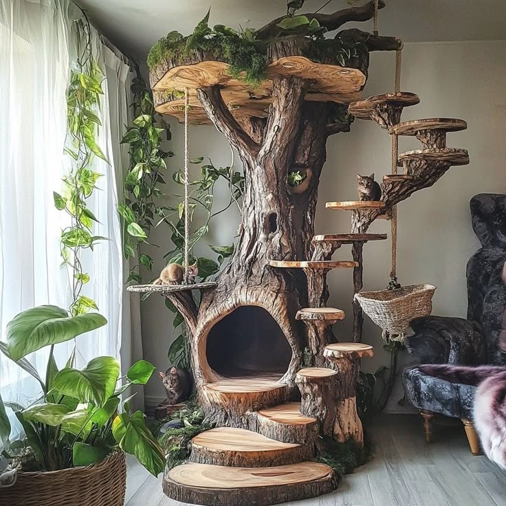 Cat Tree With Spiral Stairs: Rustic Treehouse Cat Furniture.