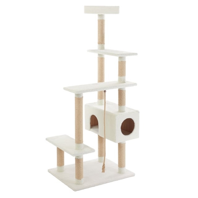Cat Tree With Staggered Design, Cream & Tan Plush Dual Entry Condo
