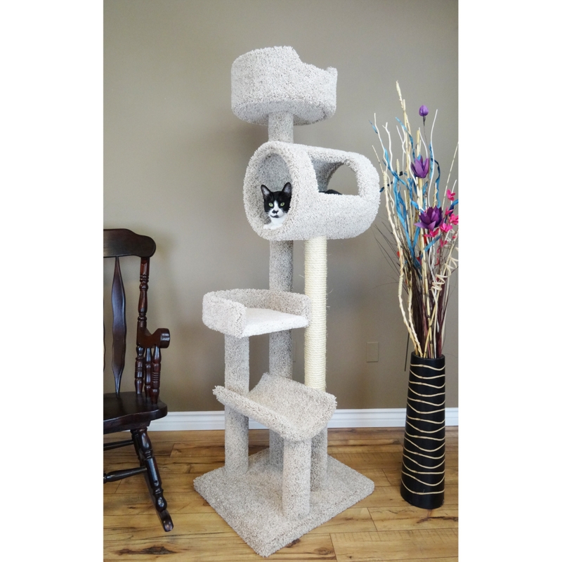 Cat Tree With Tunnel Condo, Oatmeal Beige Carpeted Feline Furniture