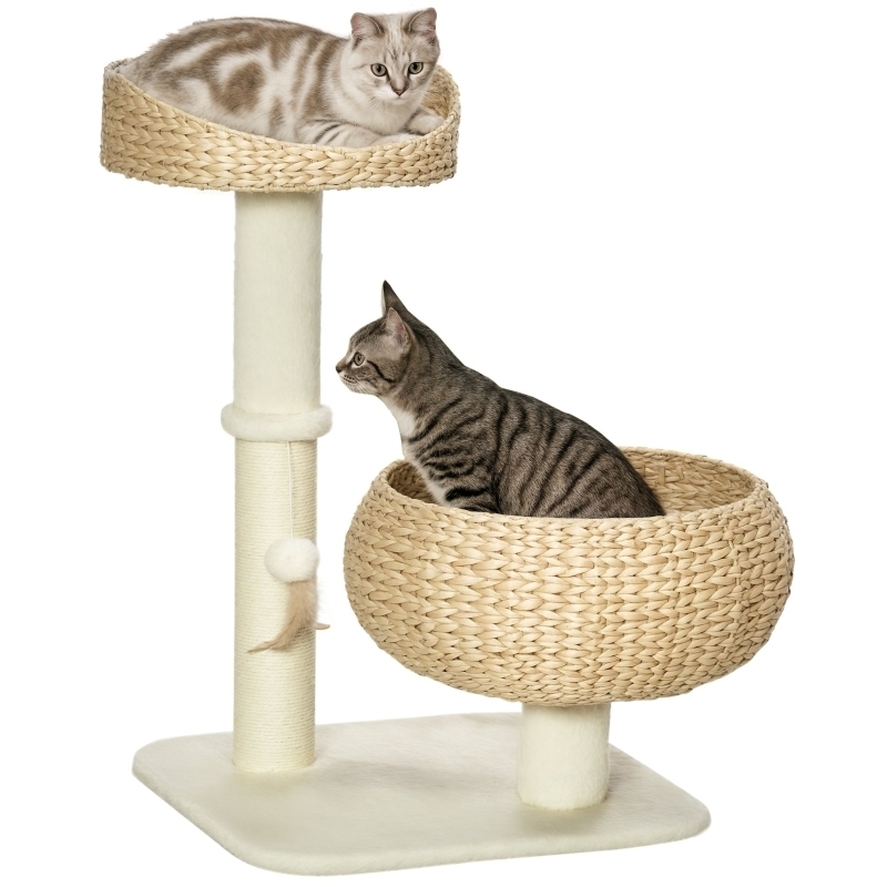 Cat Tree Woven Cattail Baskets Compact Boho Cream