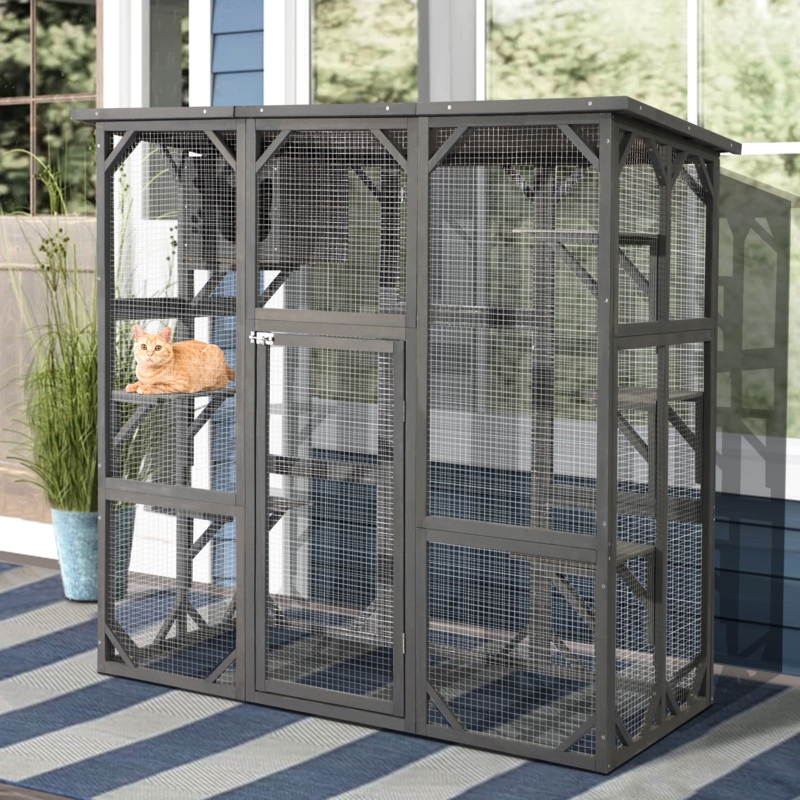 Catio, Three-Section Frame, Charcoal Gray, Slanted Roof