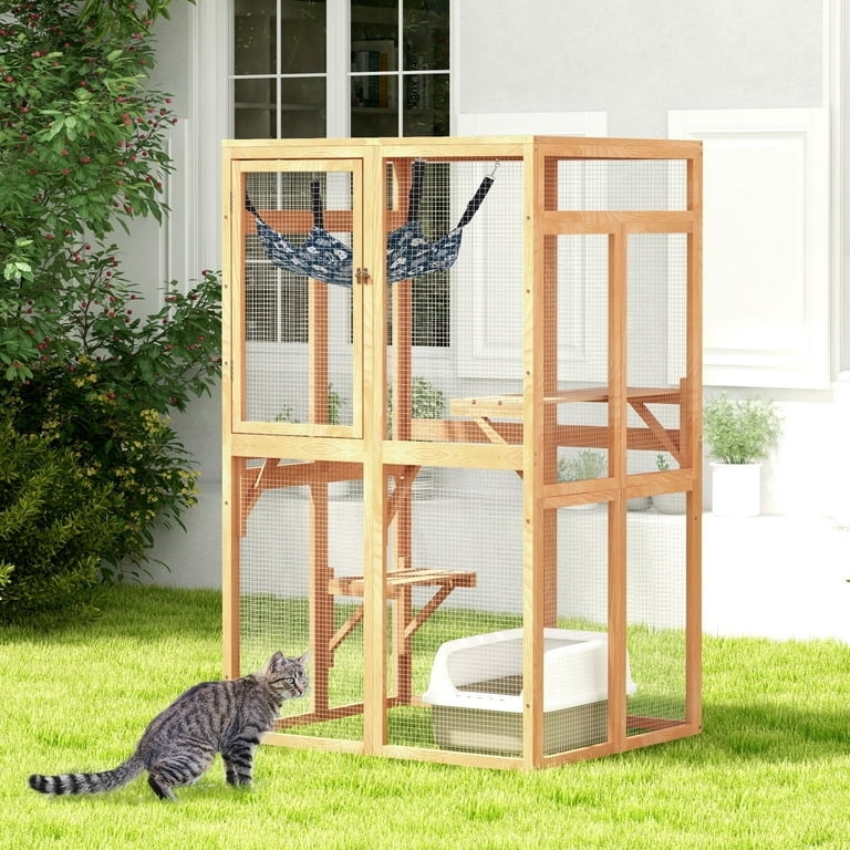 Catio Wooden Window Access Design with Hanging Hammock